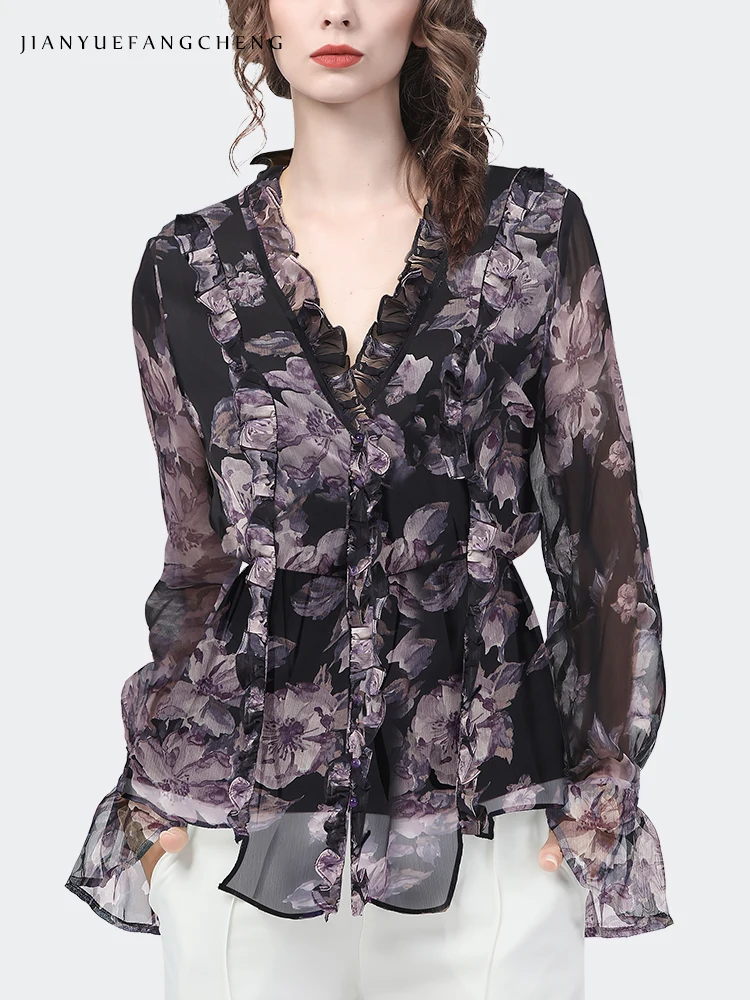 2022 New Spring Summer Floral Chiffon Blouse Women Long Sleeve V-Neck Elastic Thin Waist Ruffles Elegant Flowy Casual Shirts