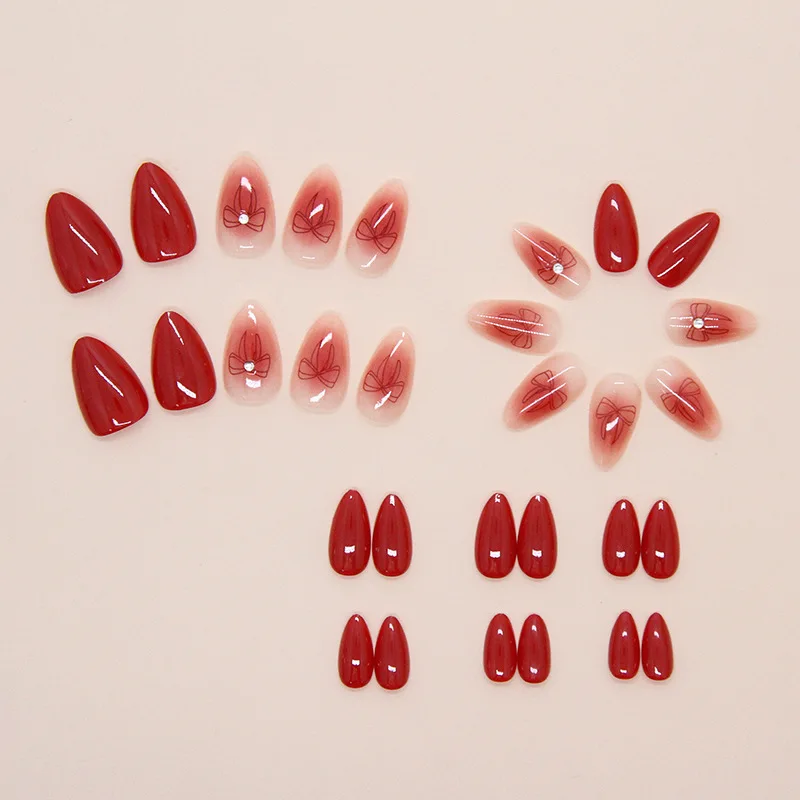 Faux Ongles Courts Brillants Rouge Amande pour Fille, Couverture Complète, Portables, Style Coréen, N64.24 Pièces