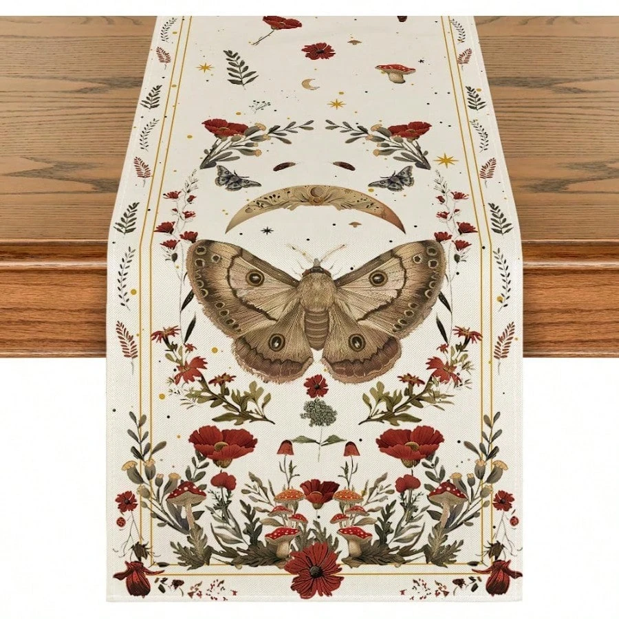 

Beige Fall Table Runner - Moth/Mushroom/Moon Pattern, Seasonal Autumn Decor for Home Kitchen/Dining Party