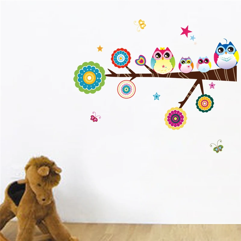 Cute Owlets On Floral Tree Wall Stickers For Kids Room Bedroom Home Decoration Diy Animals Owl Birds Mural Art Pvc Wall Decal