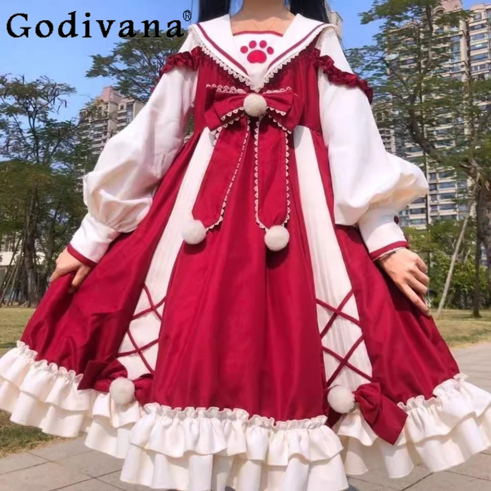 

New Year's Red Lolita Dress Large Size Solid Color Cute College Style Princess Lace-up Puffy Dress