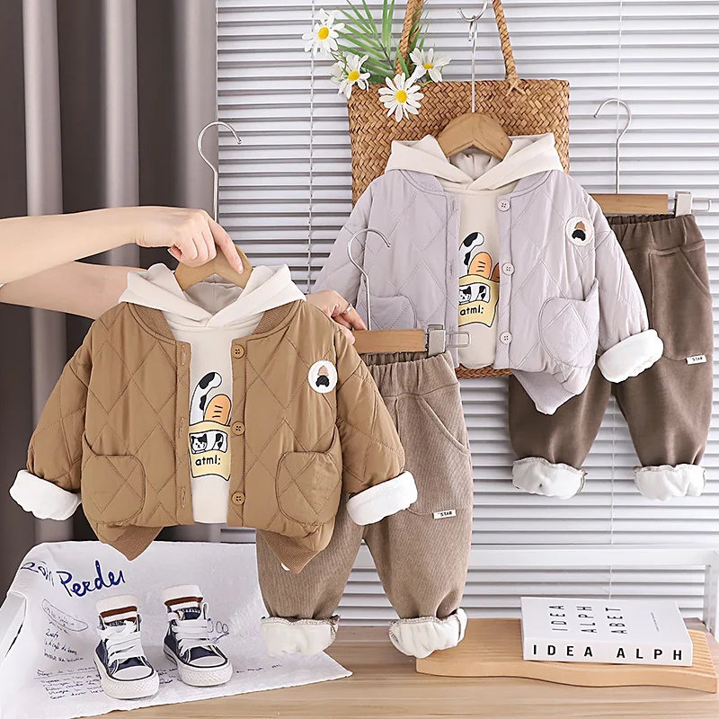 

Комплекты теплой одежды для мальчиков, зимние детские толстые бархатные пальто, толстовки, брюки, толстовки из 3 предметов, костюм для малышей, спортивные костюмы, детская одежда