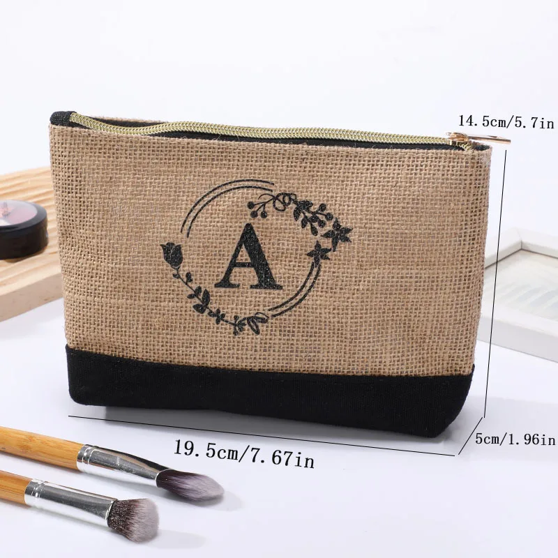 Monogrammed Burlap Makeup Bag Personalized Initial Cosmetic Pouch Zipper Toiletry Bag for Bridesmaid Gift Travel Makeup Organize