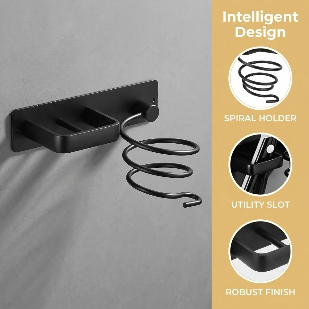 Aluminum Alloy Hair Dryer Holder Black Sturdy Hair Dryer Storage Wall Mounted Spiral Design Hair Care Tools Hanging Rack