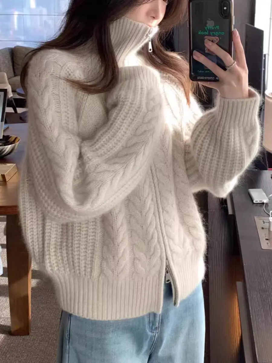 

Women's Solid Color Wool Cardigan Loose Fit Collared Cable Knit Sweater Coat Zip-Up Base Layer Casual Knitwear
