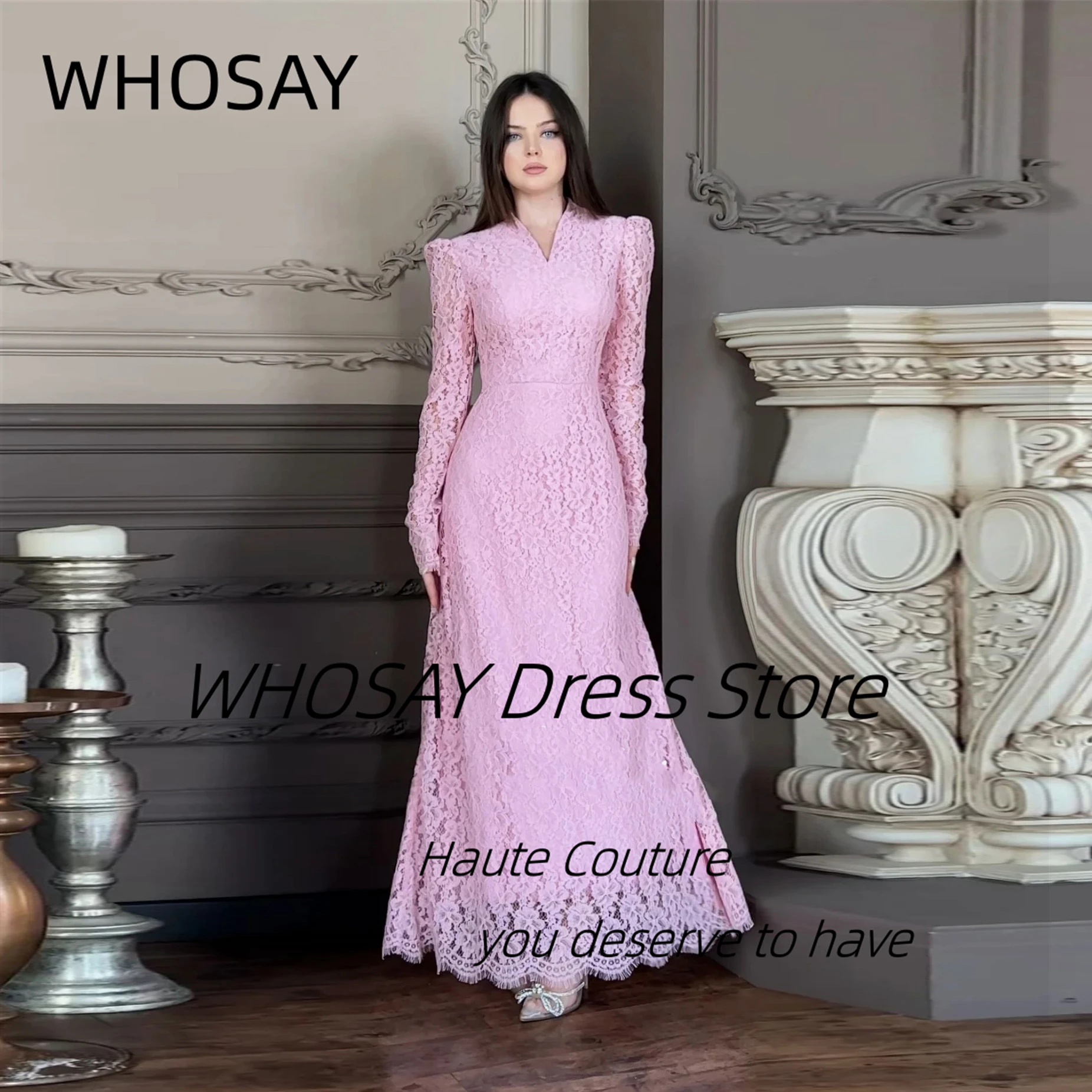 

WHOSAY Customized Lace Dresses for Evening Party Long Sleeves V Neck Prom Dress Ankle Length Birthday Banquet Special Gowns