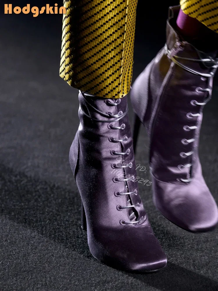 Satin Square Toe  Lace-up Ankle Boots Yellow Cross-tied High Heels Short Boots Side Zipper 2026 New Women Fashion Dress Shoes
