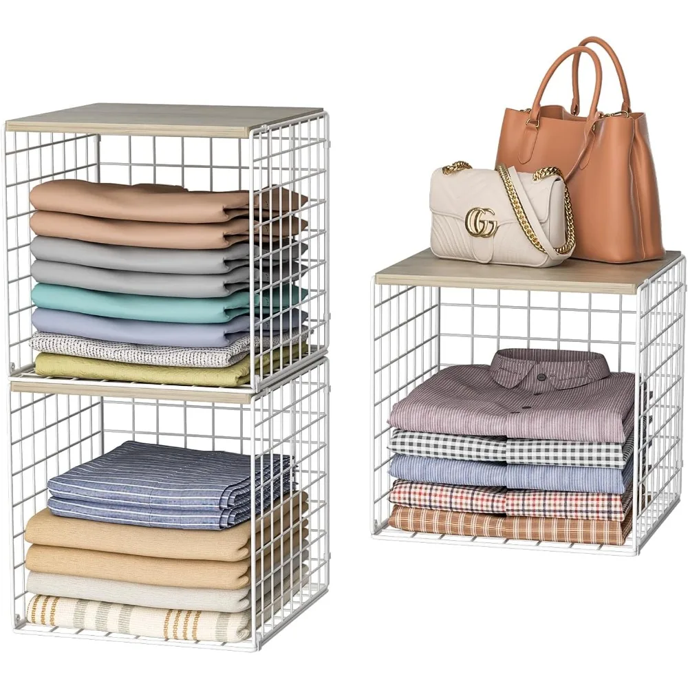 

3PCS Stackable Closet Organizers and Storage, Closet Shelves with Wood Top Extra Storage, Clothes Storage Organizer Basket Bins/
