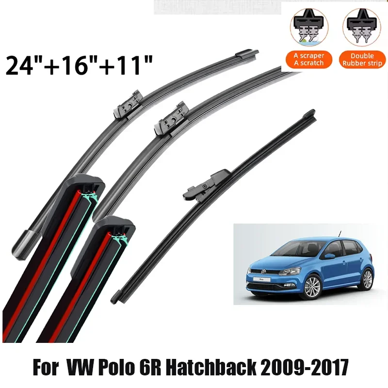 

For VW Polo 6R Hatchback 2009-2017 Front And Rear Wiper Blades Mute 24"+16"+11"Car Wiper Blades