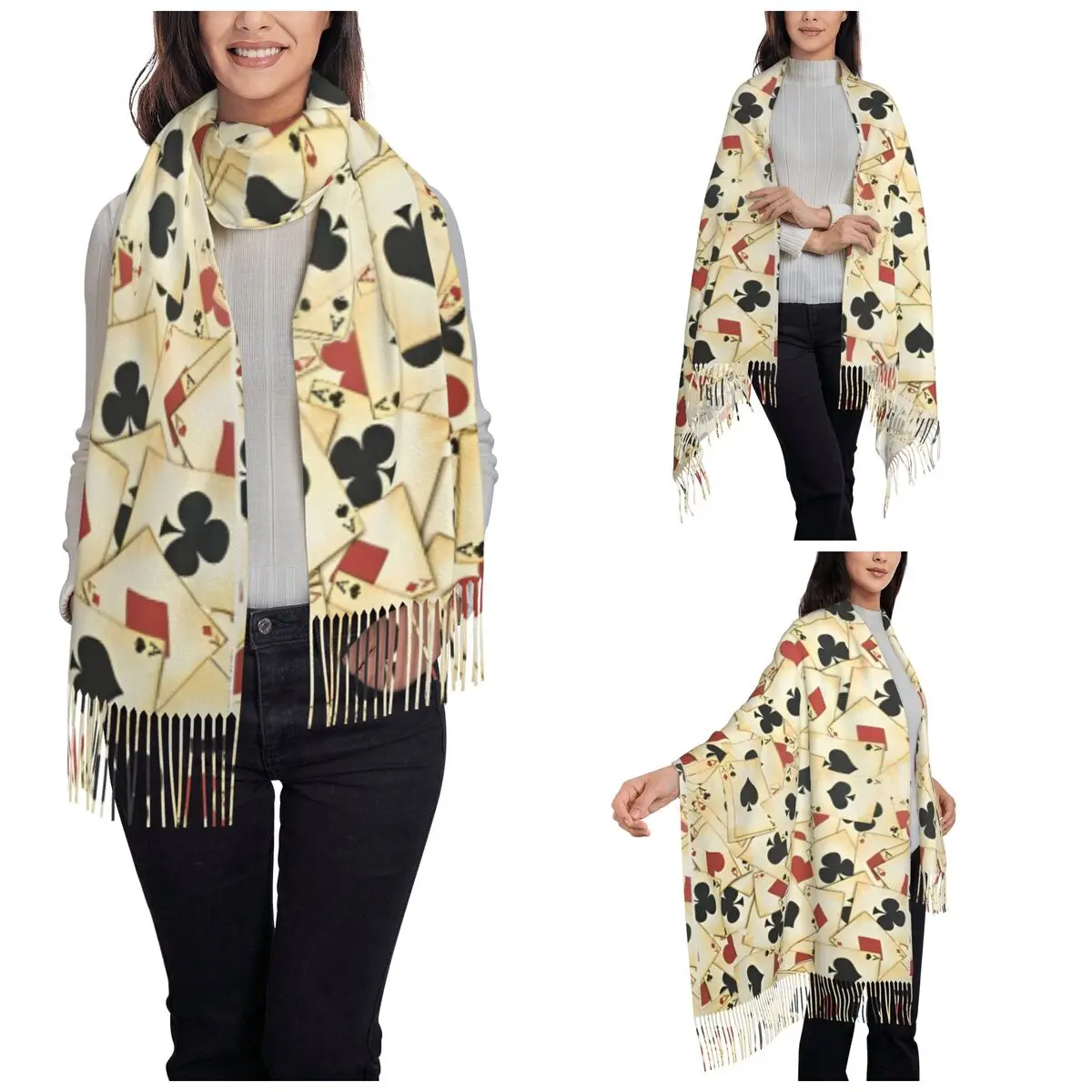 Card Suits Poker Art Aesthetics Scarf for Women Winter Warm Shawls and Wrap Large Scarves with Tassel for Daily Wear