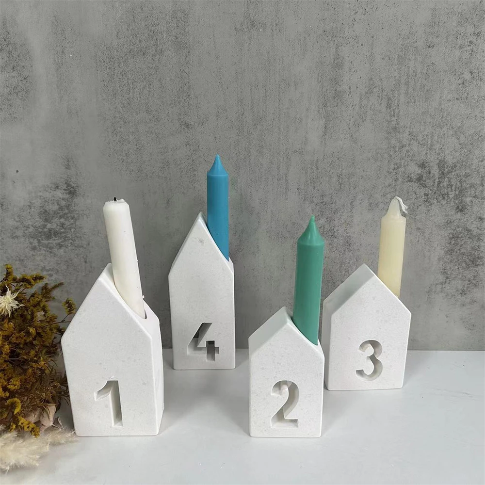 Pointed-roof House Candlestick Silicone Molds DIY Numbers 1234 House Candle Holder Plaster Mould Ornament Epoxy Resin Mold