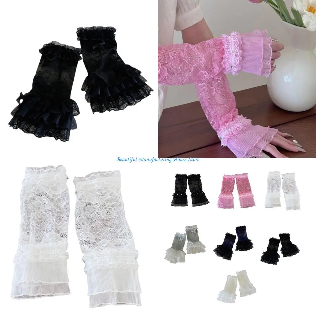 E56A Fashionable Floral Lace Sleeve Cover Sparkling Crystal Decors 7 Colors Nylon