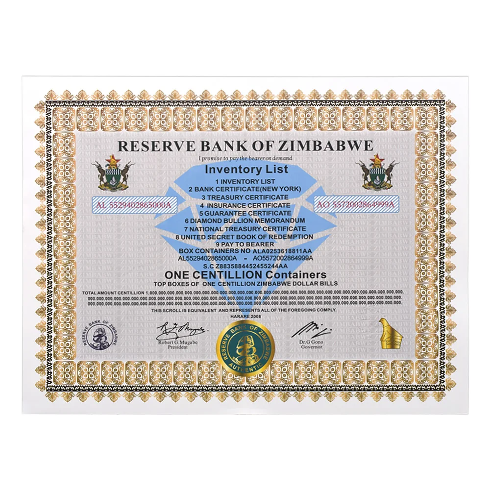 300pcs ONE Centillion Containers Zimbabwe Paper Money Souvenir Certificate Certificate with Serial Number UV Security Banknote