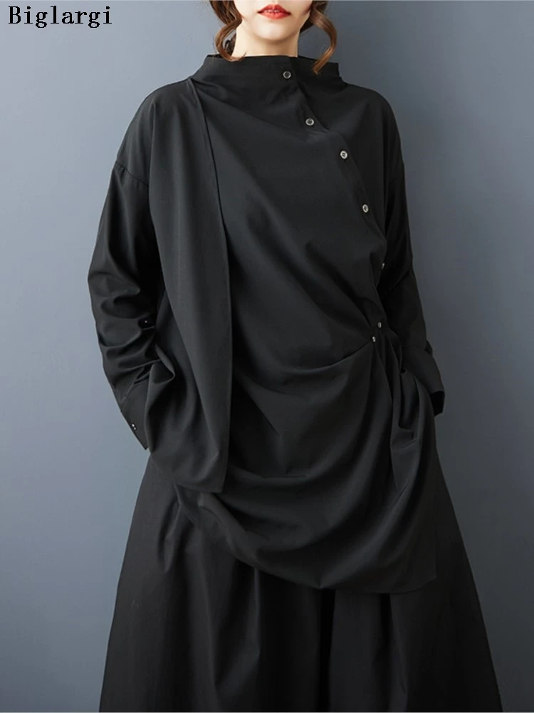 

Большие размеры, весенне-осенняя рубашка с воротником-стойкой, женские нерегулярные плиссированные модные женские блузки, повседневные свободные женские рубашки с длинным рукавом