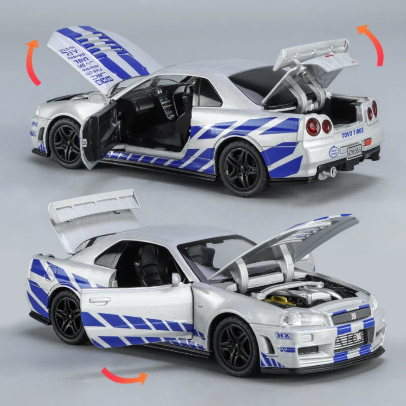 1:32GTR34 alloy sports car model, exquisite body, four-wheel shock absorption, cool sound and light, unique desktop decorations