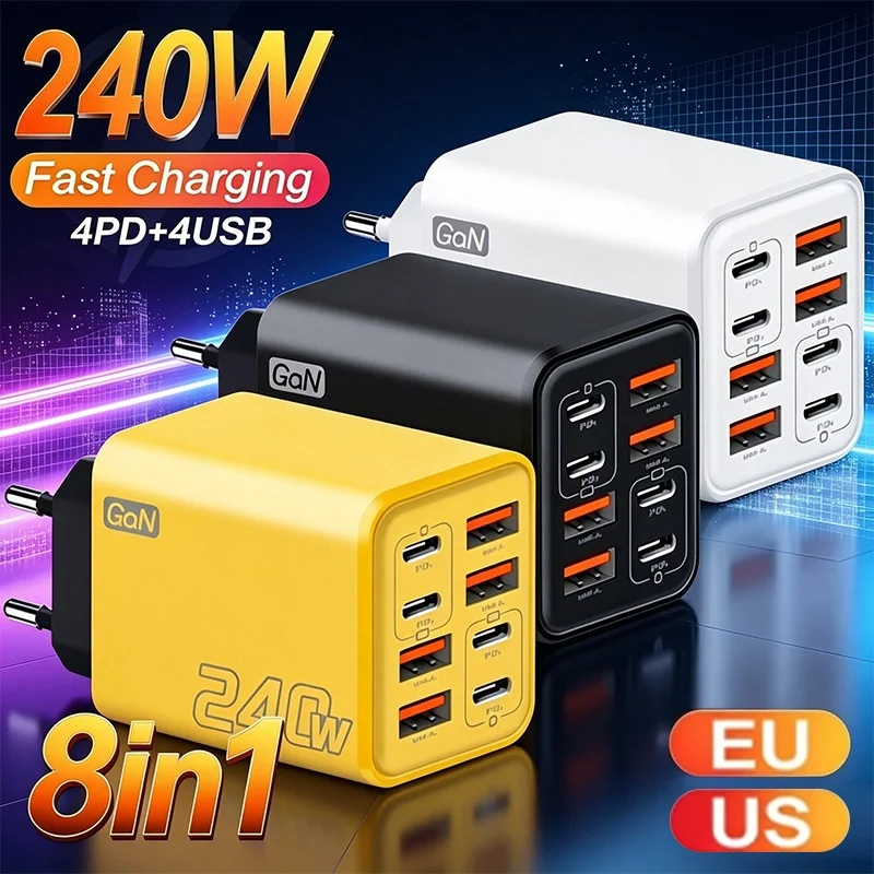 240W GaN USB C Charger 8 in 1 Fast Charging Phone Charger Power Adapter For iPhone Samsung Xiaomi Type C EU/US Plug Wall Charger