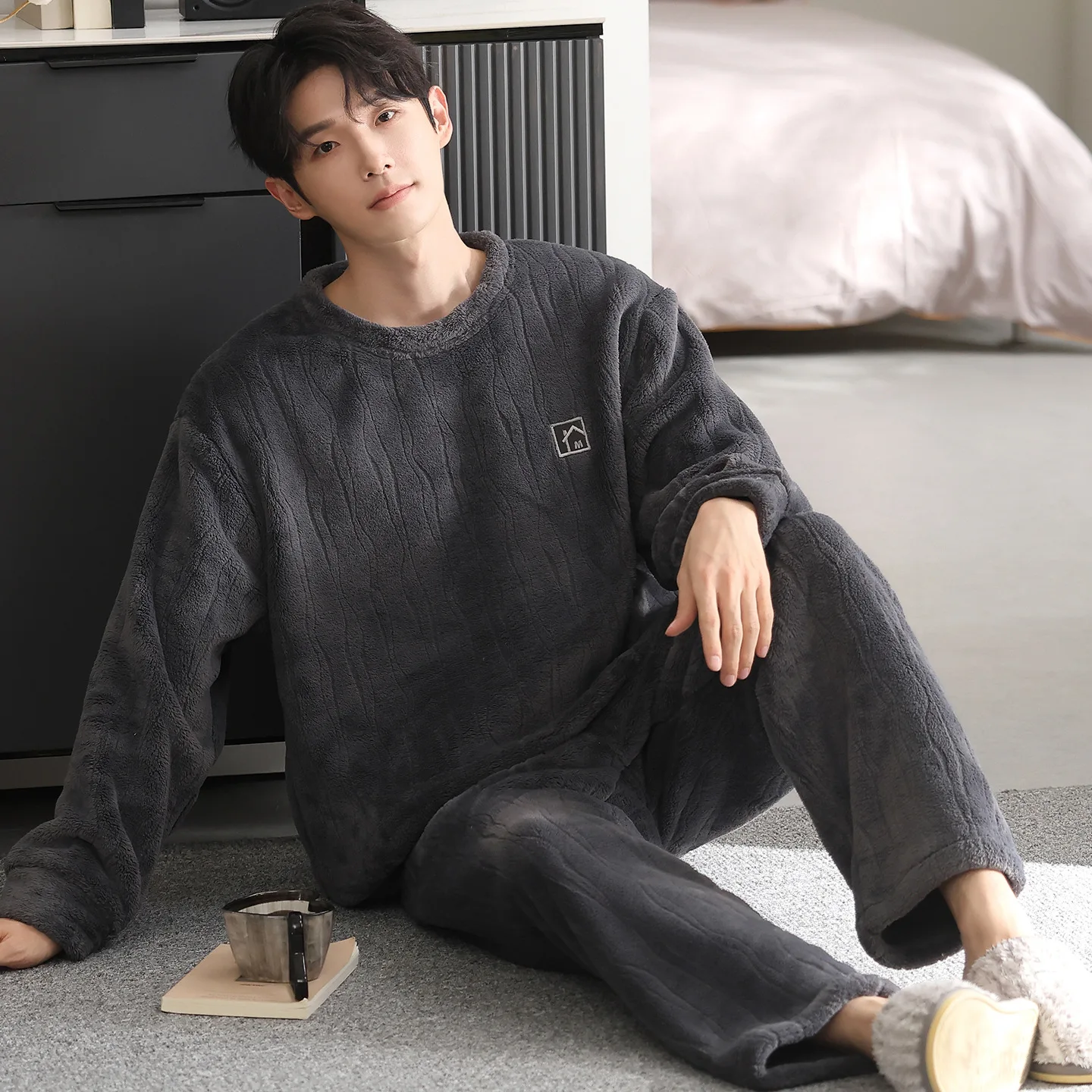 Sleepwear Winter Spring Pajamas for Men Thick Long-Sleeved Men's Winter Pajamas Round Collar Solid Color Large Size Homewear Set