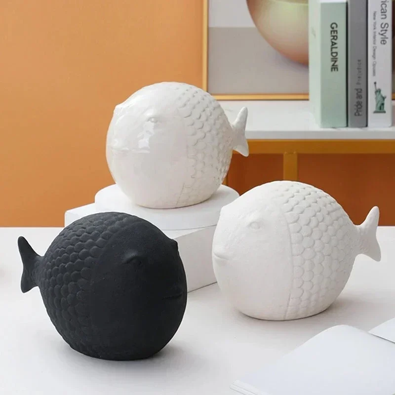 Nordic Creative Cartoon Fish Ceramic Ornament Cute Miniature Model Modern Figurines Tv Cabinet Display Crafts Home Decoration