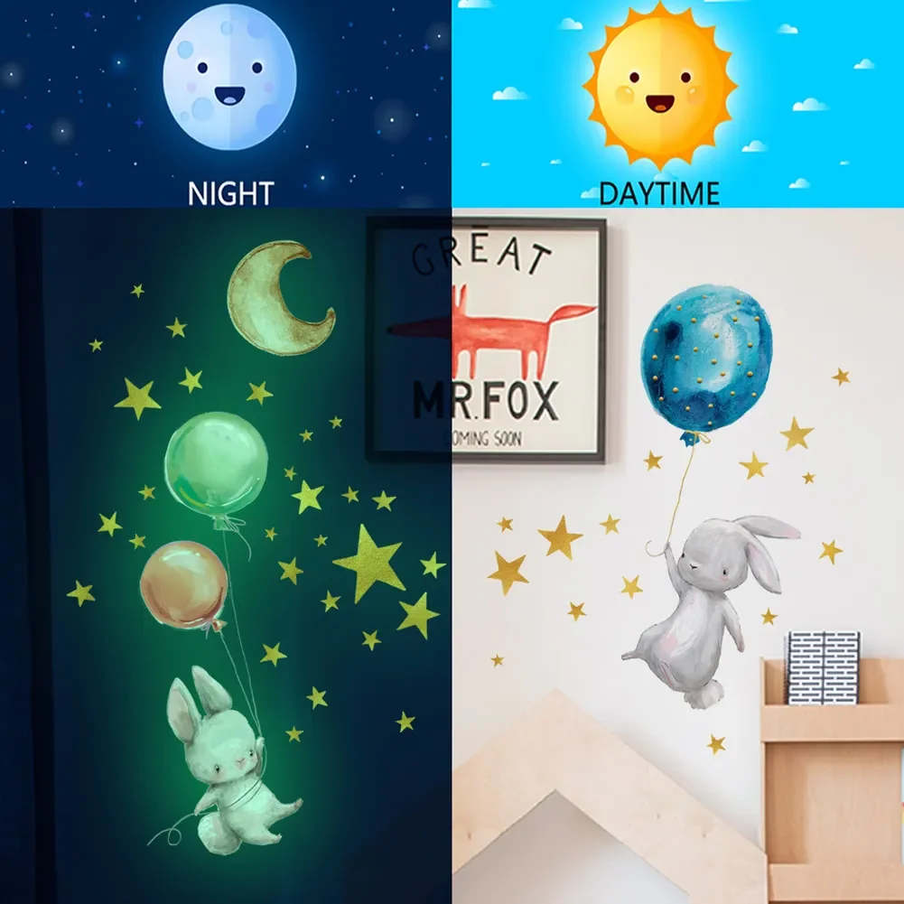 Cartoon Bunny Balloon Wall Sticker Bedroom Living Room Home Decoration Wallpaper Glowing in The Dark Cute Rabbit Sticker