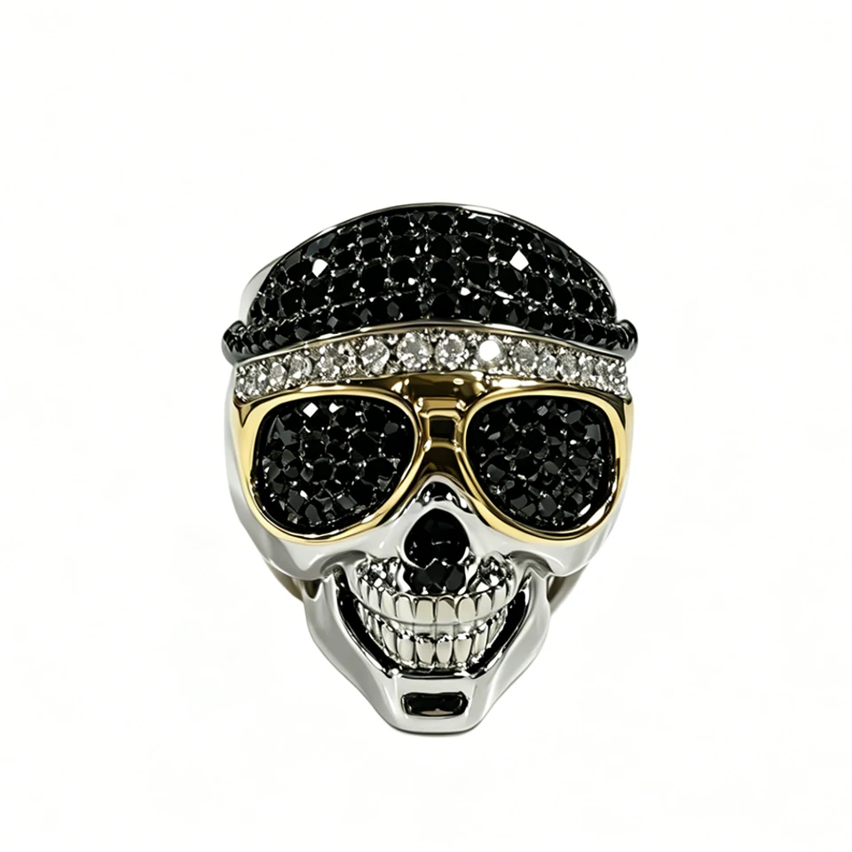 

VANAXIN Men's Hip Hop Skull Ring With Sunglasses Inlaid Black Zircon Two-Tone brass Platnum Plated Biker Punk Jewelry Gift