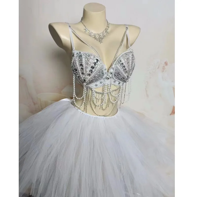 

Music Festival Carnival Party Dance Outfit White Rhinestones Pearl Bikini Gauze Skirt 2 Pieces Set Birthday Nightclub Clothing