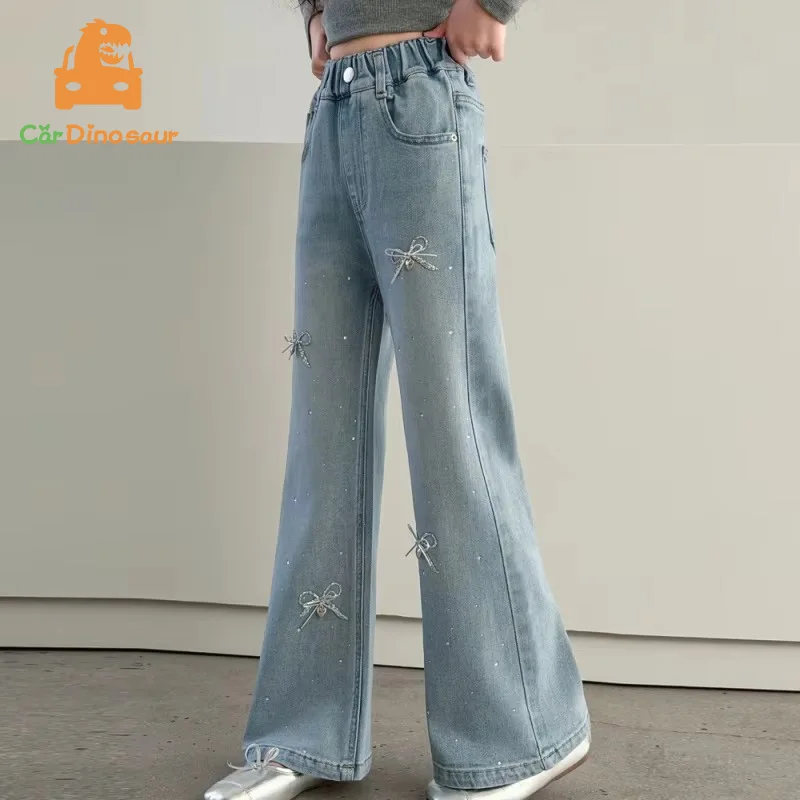 Girls Loose Wide-leg Jeans Trousers Children Bowknot Rhinestone Straight Denim Pants Spring Autumn Casual Clothing 5-14 Years