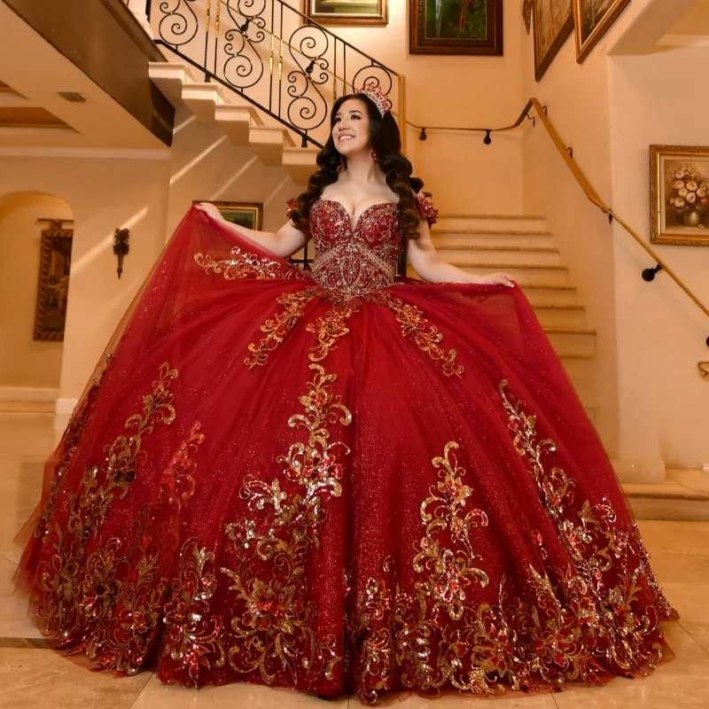 

Shiny Red Quinceanera Dress off-shoulder Crystal Golden Glitter Decal Long tail Bow vestidos de 15 Quinceanera ﻿Customized