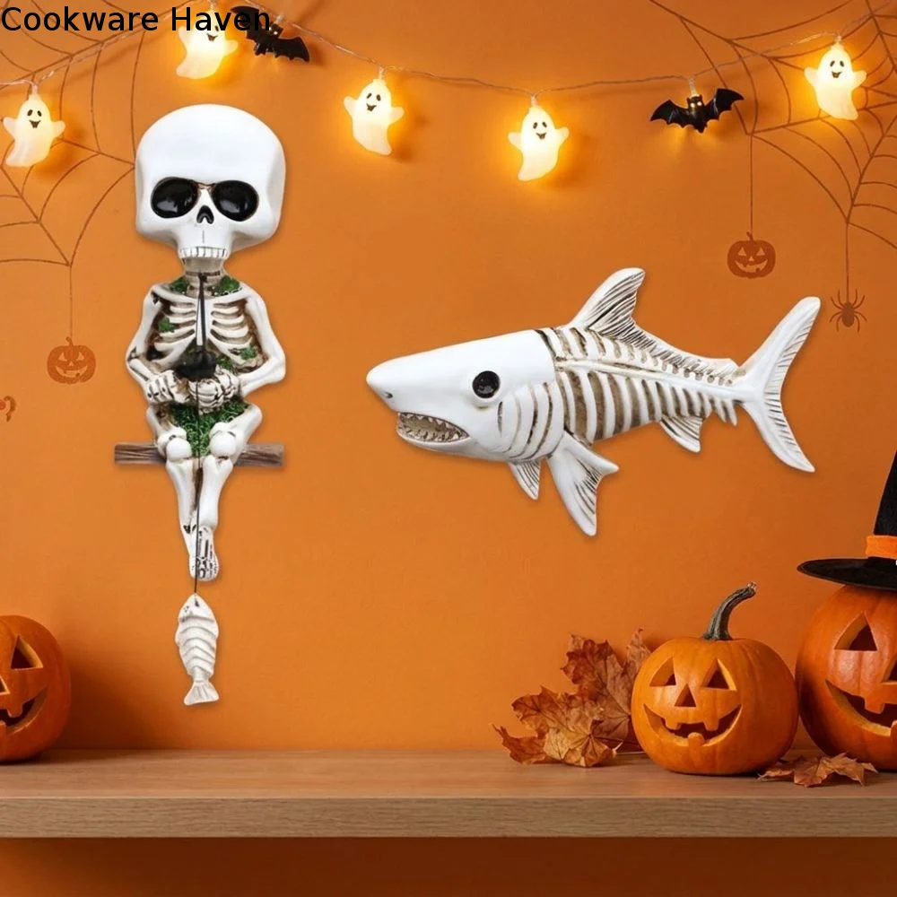 Gothic Style Skeleton Shark Fishing Statue Resin Unique Fish Tank Landscape Decorative Fishing Skeleton Ornament Halloween Decor