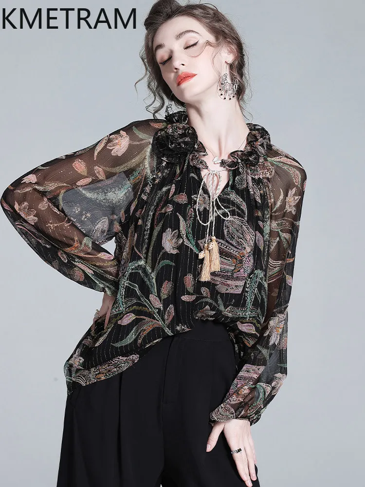KMETRAM 100% Mulberry Silk T Shirts for Women Elegant Printed Black T-shirt High Quality Summer Blouse 2026 Woman Clothes топ