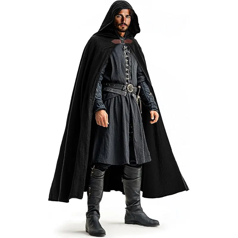 Mittelalterlicher Kapuzenumhang aus Leinen - Renaissance-Umhang mit Kapuze für Halloween, Hobbit-Cosplay, Hexen-, Zauberer- und LARP-Auftritte – Detail 1
