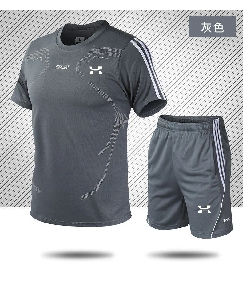 Conjunto de camiseta e shorts de manga curta masculino, confortável, respirável, esportivo, correndo, fitness, secagem rápida, 2 conjuntos, verão