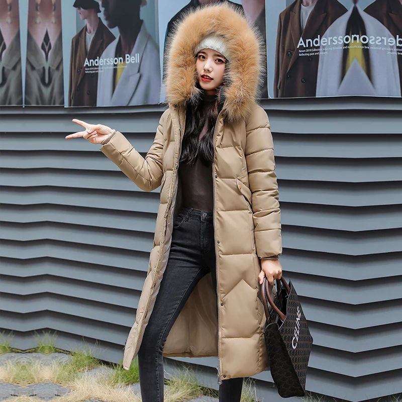 

Long Thicke Down Padded Jacket Women Outwear Korean Slim Fashion Fur Collar Hooded Overcoat New Winter Warm Parka Female Casaco