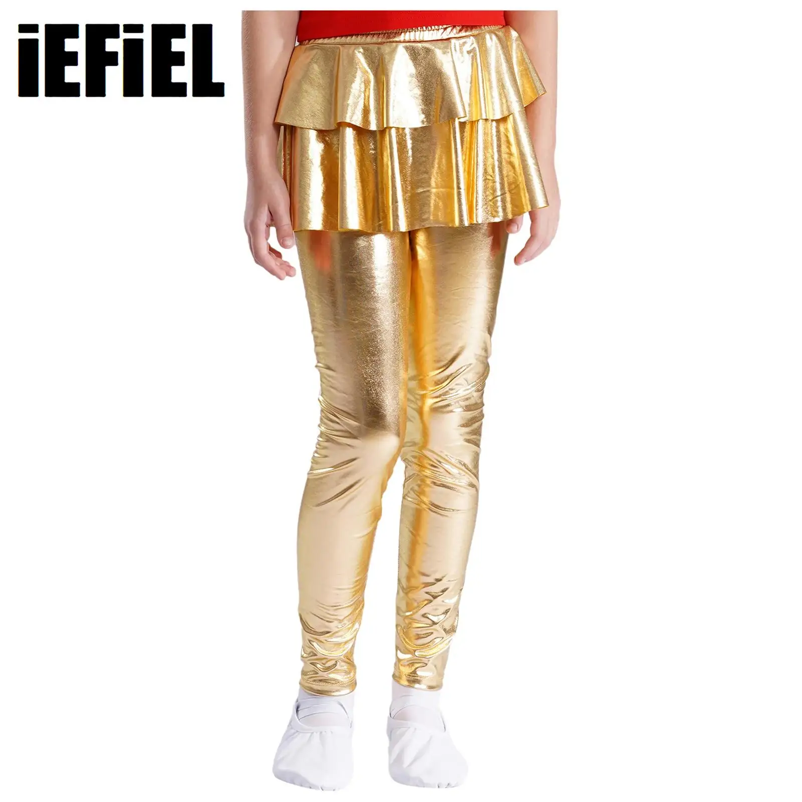 

Kids Girls Metallic Ruffled Skirted Leggings Elastic Waistband Shiny Pantskirt Stage Performance Costume