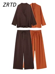 Vintage Shirt Pants Sets 2 Pieces Women V-neck One Button Pocket Lace Up Shirts Wide Leg Trousers 2024 Autumn Lady Loose Outfits