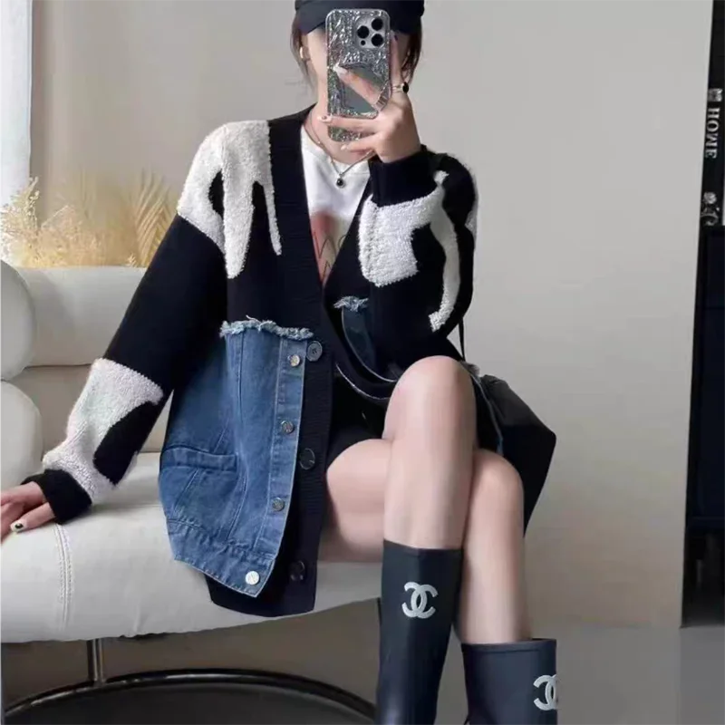 

Women's Contrast Denim Splicing Knitted Sweater Jacket Spring Autumn Casual Versatile V Neck Single Breasted Sweater Cardigan