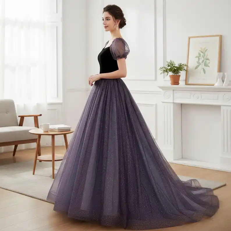 Hada púrpura mangas cortas tul graduación princesa vestidos de noche cóctel Maxi vestidos de baile de Navidad vestido Formal mujeres elegante