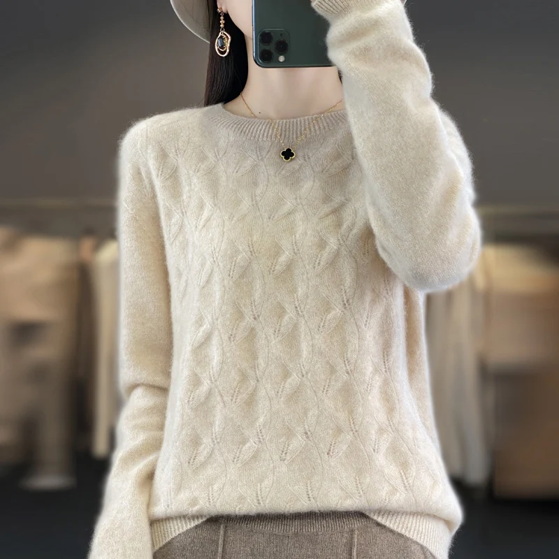 

Autumn And Winter New Woolen Sweater Women's Round Neck Long Sleeve Pullover 100% Pure Wool Seamless Hollow Out Style Knitwear