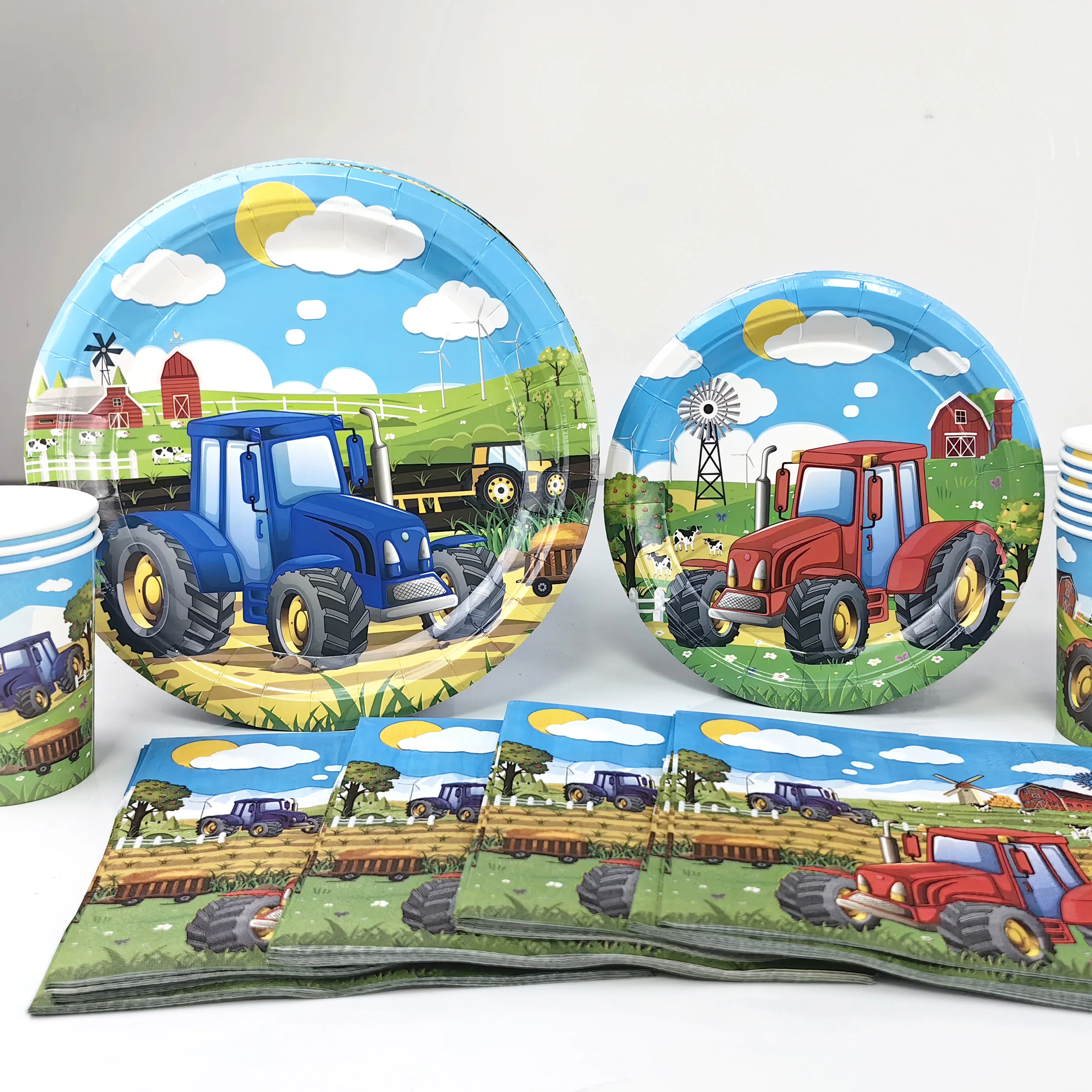 Cartoon Green Farm Tractor Disposable Tableware Plate Paper Cup Napkins Kids Boys Farm Theme Birthday Party Decor Supplies