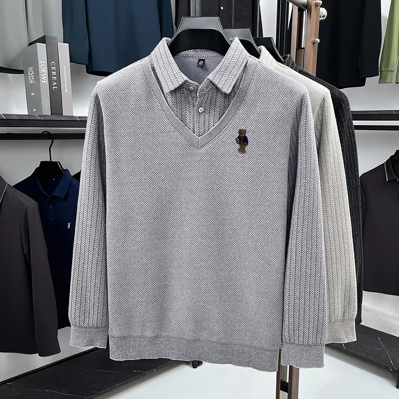 Design-Mode-Herren-Polohemd mit Stickerei, Revers, Fake-Zweiteiler, Langarm, Original-Freizeit-T-Shirt, vielseitige Herrenbekleidung für den Alltag – Detail 4