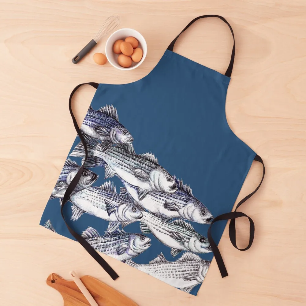 Striped Bass Ink Drawing Old School - in Marine Blue Apron Women kitchen apron apron fashionable