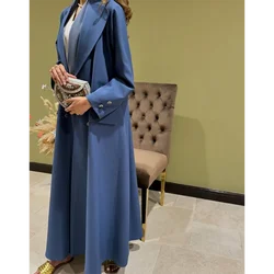 High-end Blue Double Breasted Women Long Jacket Elegant Female Daily Coat Formal Ankle Length Dress Abaya