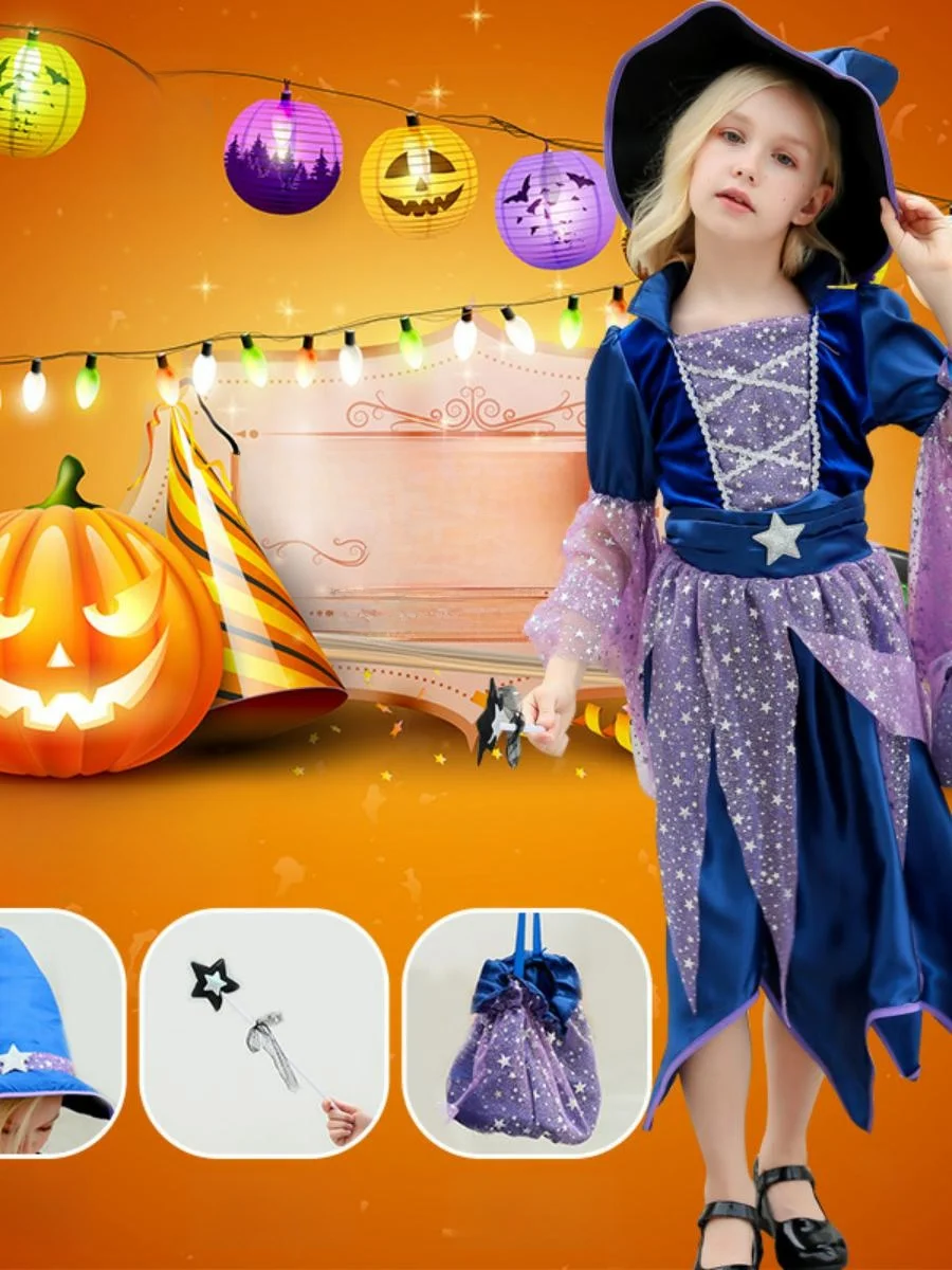 

Детский костюм ведьмы для выступлений, костюм девочки-волшебницы, полиэстер, тиоцетатное волокно