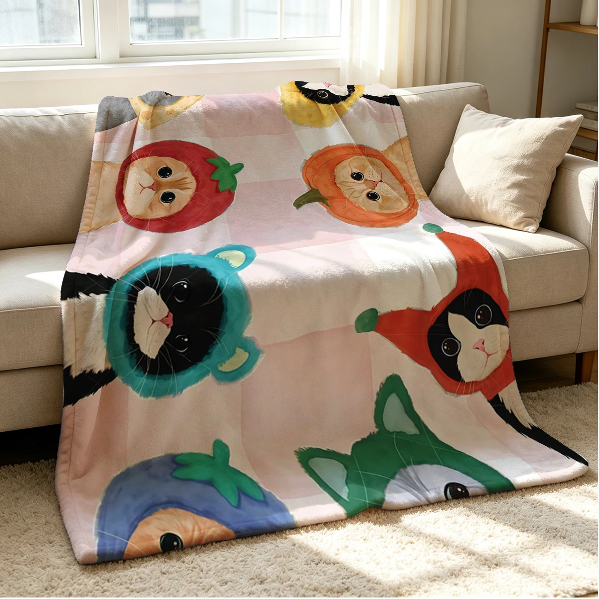 Fruit Kitties Flannel Blanket Warm Soft Halloween Christmas Couch Warm Cozy Decorative Decor Gift for All Season