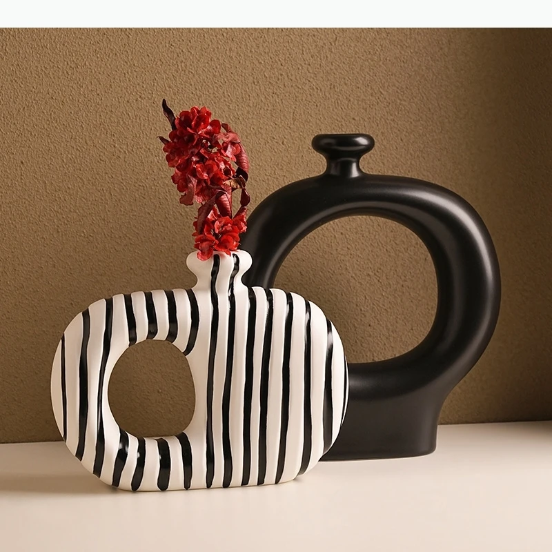 Zebra Stripes Ceramic Vase Artificial Flower Decorative Flowers Pots Desk Decoration Modern Floral Vases Room Aesthetic Decor