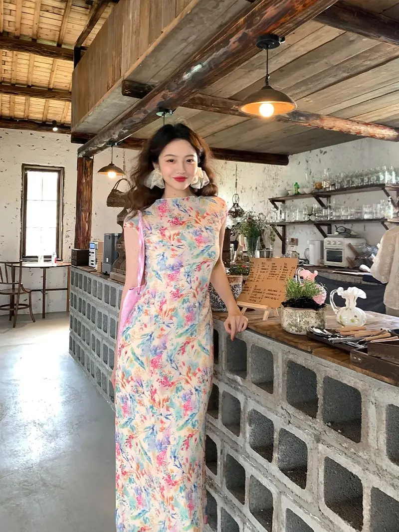 

Printed Oil Painting Dress, Women'S Summer Wrinkled Texture Elastic Suspender Skirt Two-Piece Set
