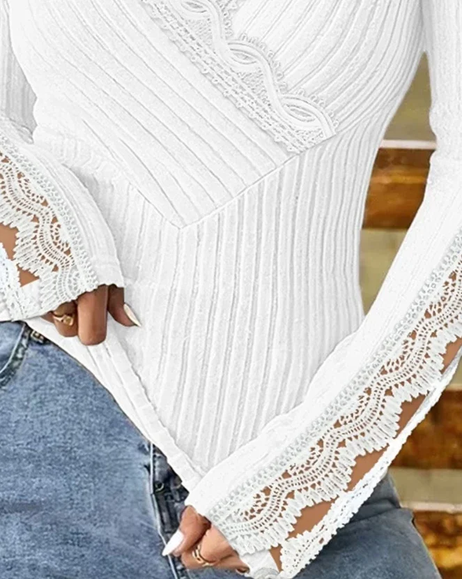 Elegant Blouses for Woman 2023 Autumn Spring Sexy V-Neck Lace Patch Long Sleeve Top Fashion Female Clothing T-Shirts Pullover