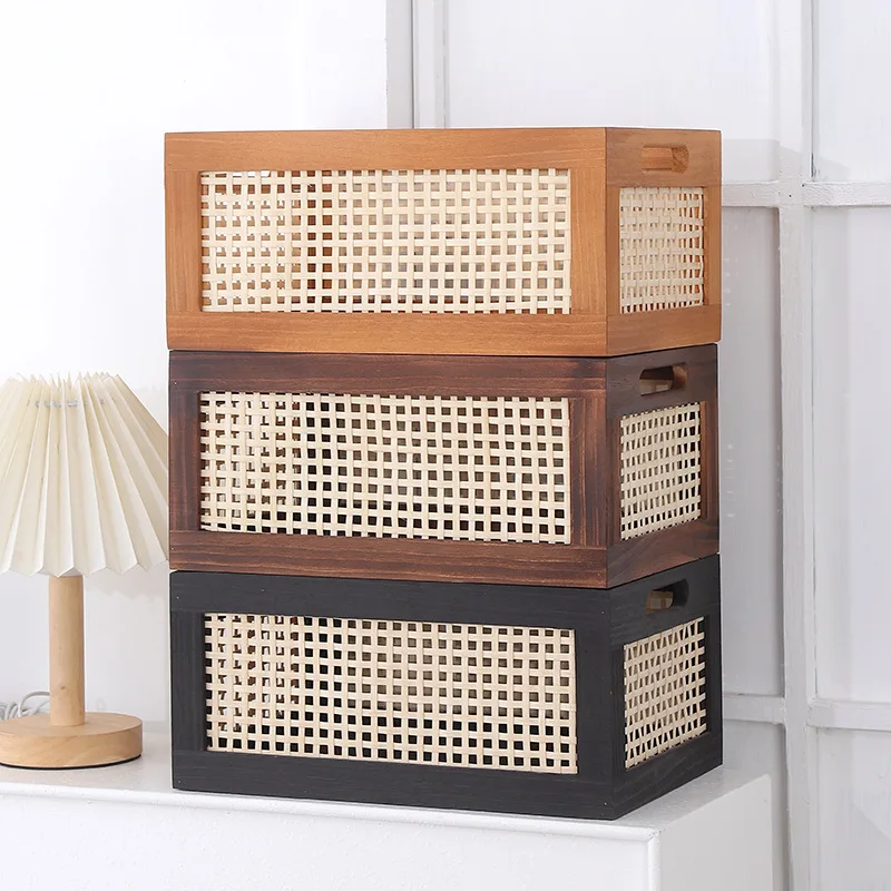 Retro rattan storage basket desktop solid wood collection box household bedroom snack box toys