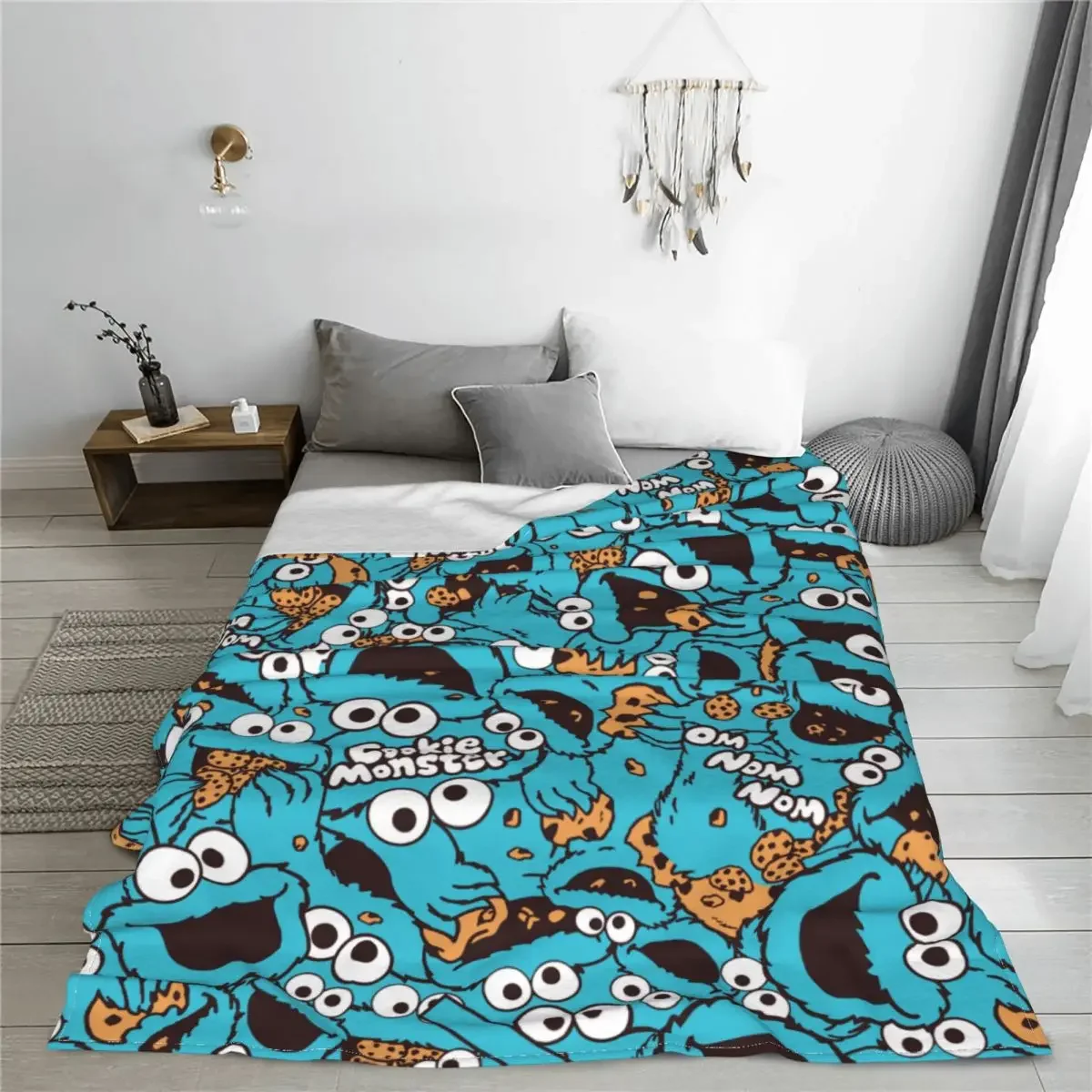 Cookie Monster Nom Nom Nom Pattern Blankets Coral Fleece Plush Summer Multifunction Warm Throw Blanket for Sofa Travel Quilt