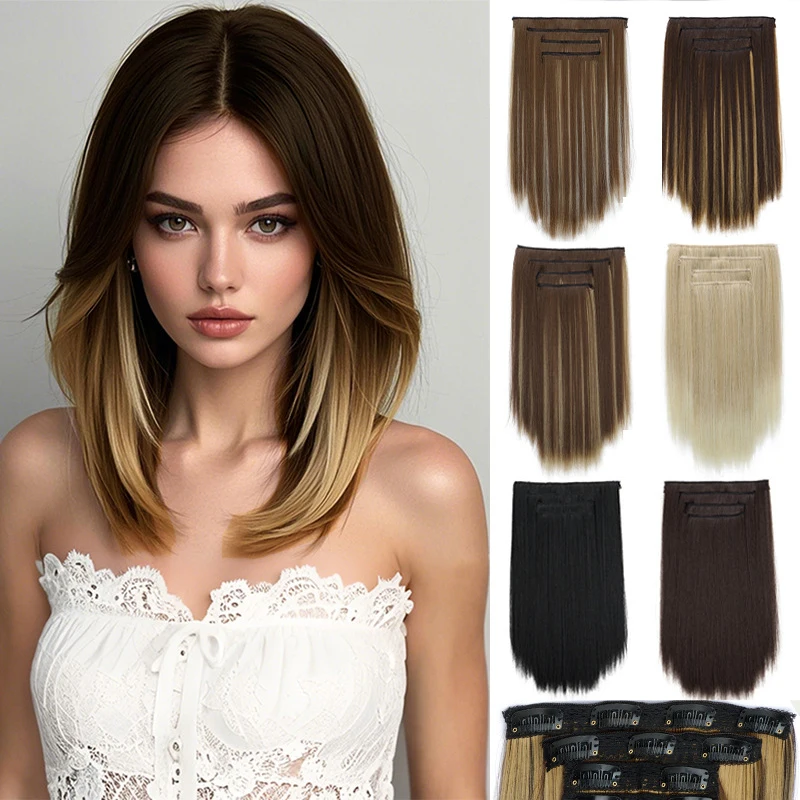 

Four piece straight hair wig set with 11 clips for natural fluffy hair extensions, wig clips for hair extensions, wig