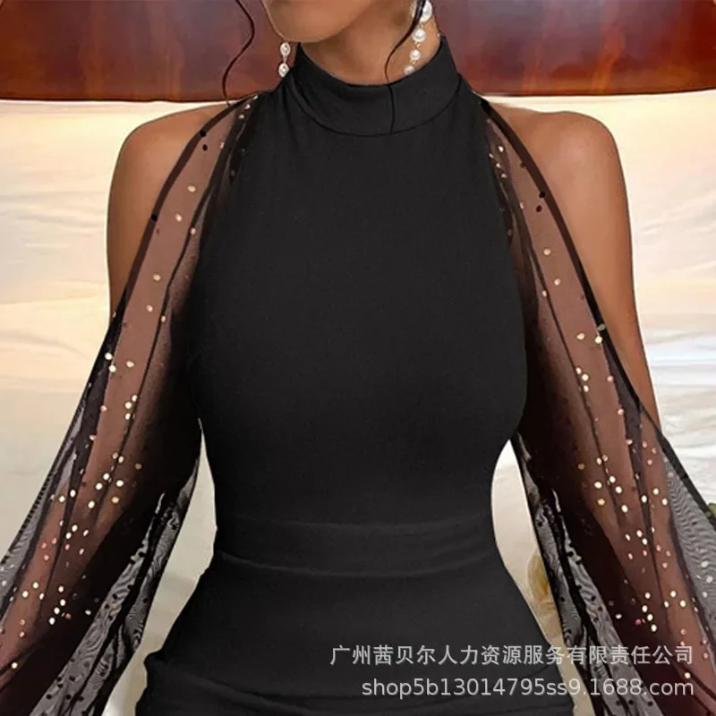 Women Dresses Long Sleeve O Neck Pullover Solid Color Dress Patchwork High Street Vestidos Sexy Wrap Buttocks Slim Sequined